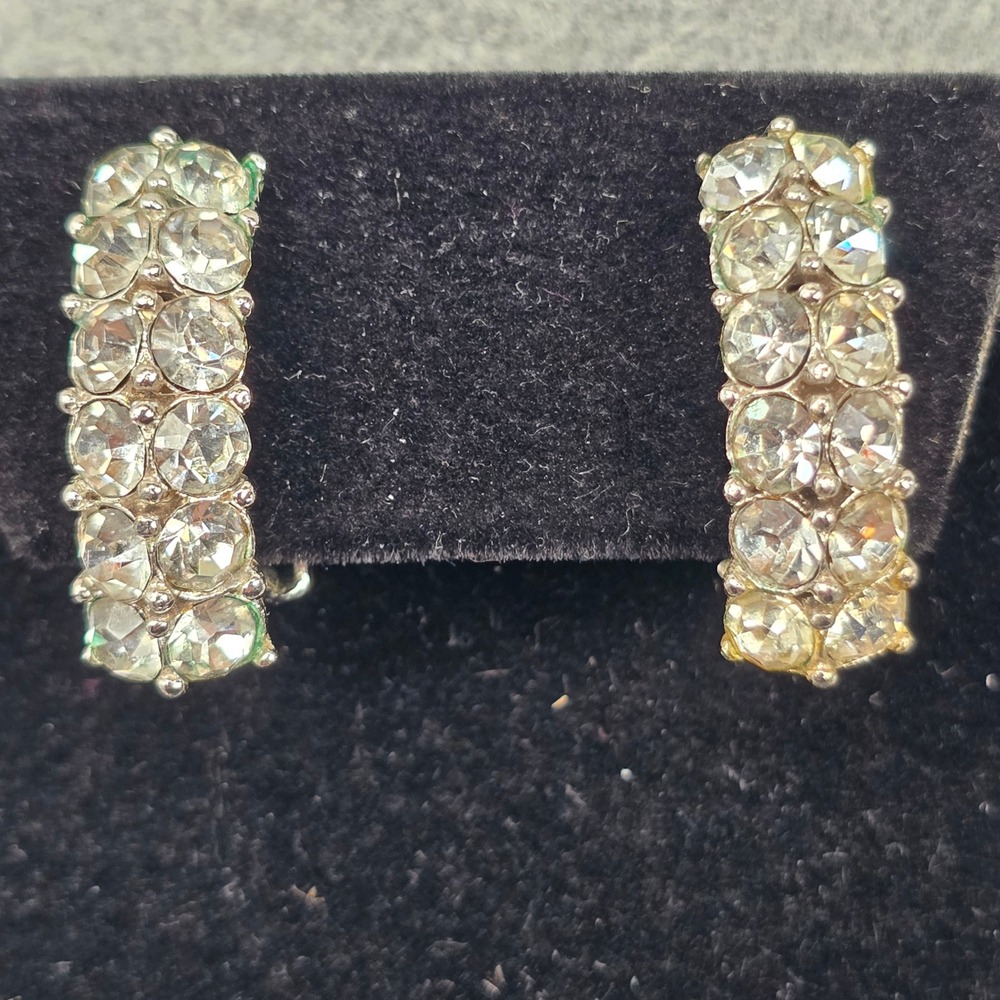 Bogoff Vintage Silver Tone Clear Crystal Rhinestone J Hoop Clip On Earrings